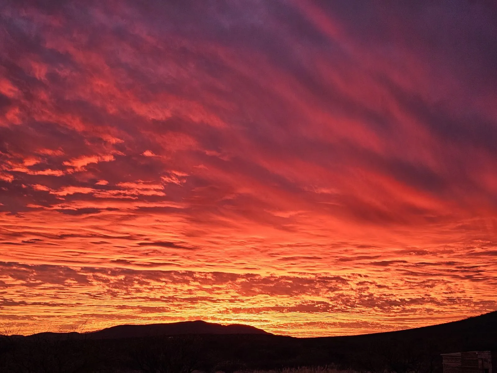 Orange and red sunset sky over the desert near the WeVolution Off-Grid homestead in Arizona
