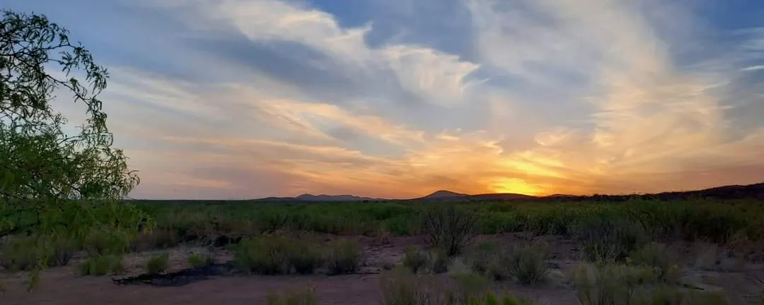 Orange and blue sunset over desert scrub near Tombstone, Arizona