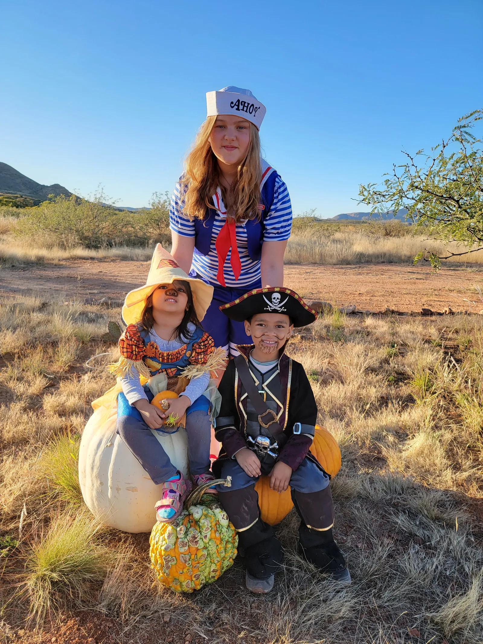 Three kids in Halloween costumes sitting with pumpkins on our homestead in Arizona